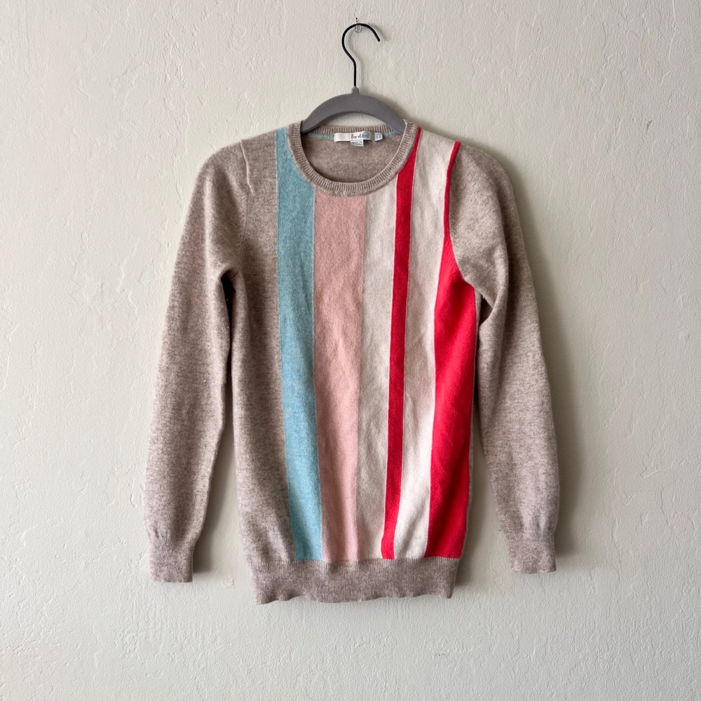 Boden Womens Oatmeal Beige Colorblock Vertical Stripe Crewneck Sweater Cashmere